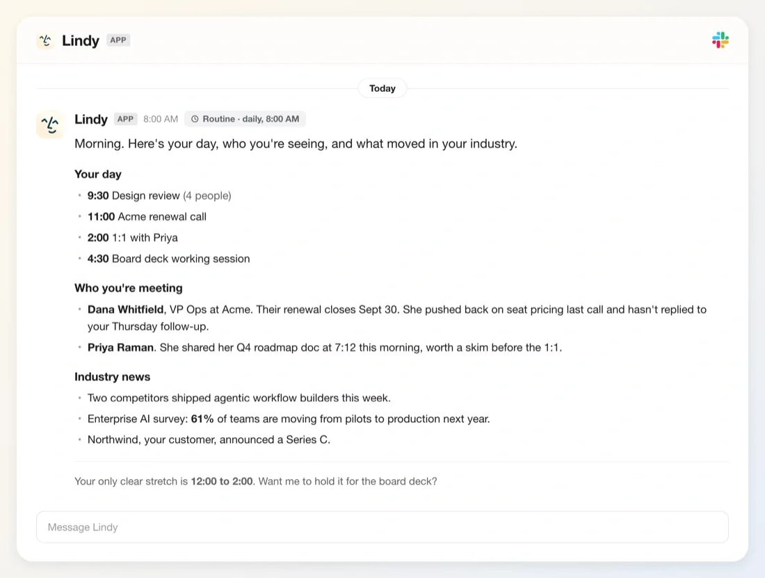 Lindy's daily brief in a Slack DM, listing the day's meetings and who the user is meeting.