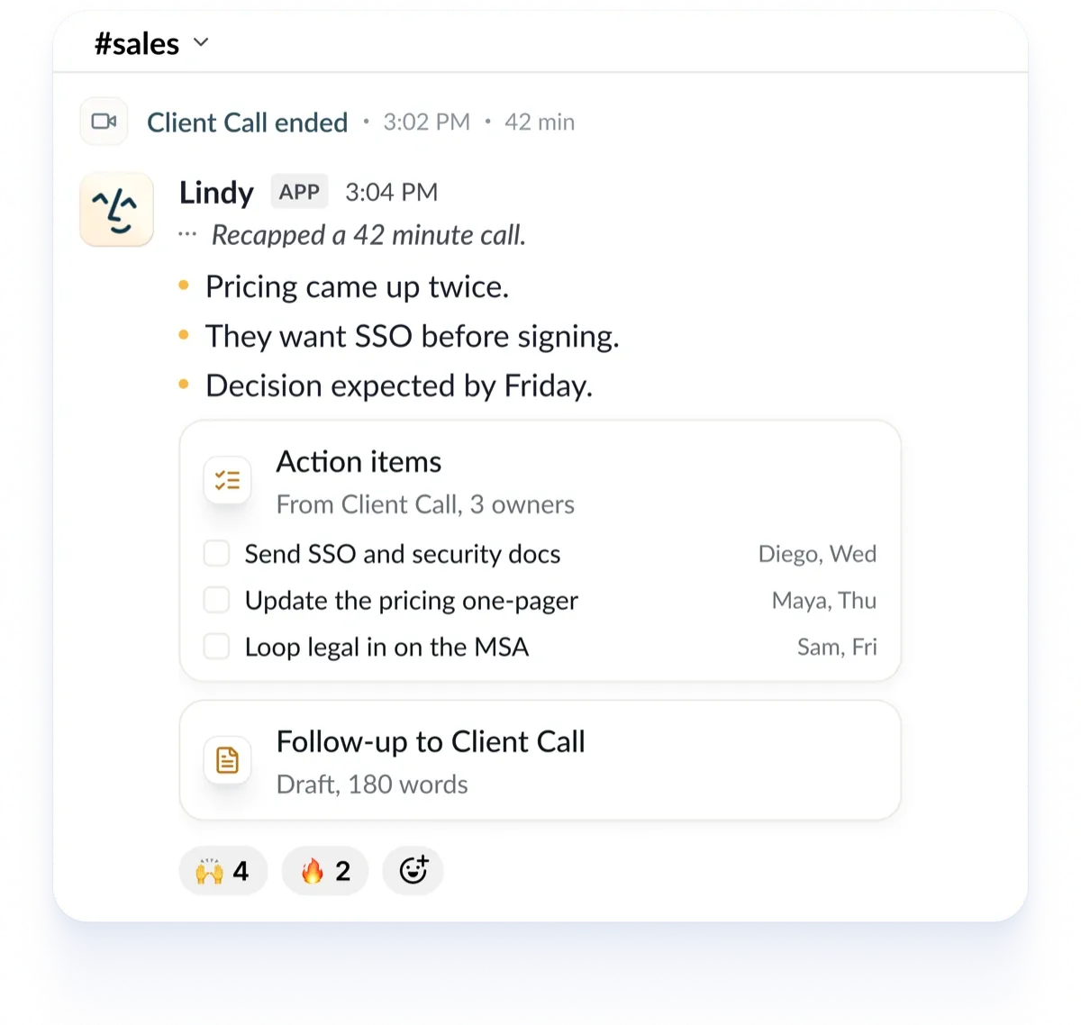 Lindy recapping a client call in Slack into bullets, owned action items and a drafted follow-up.