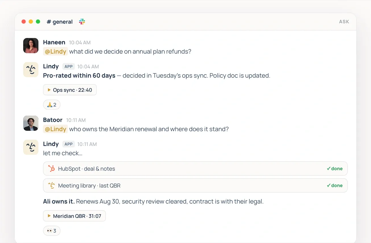 Two teammates asking Lindy questions in a Slack channel; Lindy answers each with the source it used.